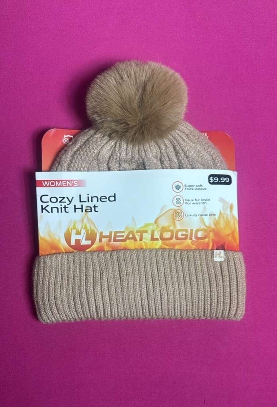 Heat Logic Women’s Thermal Knit Hat Beige Double Layer Rib Knit Warm Beanie
